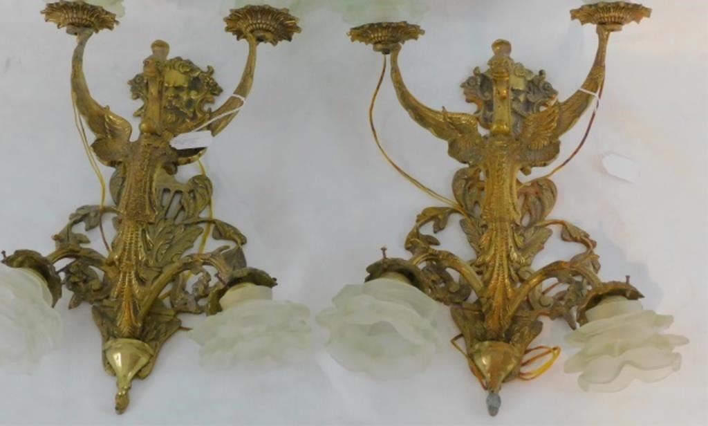 Appraisal: PAIR OF EARLY TH C BRASS ELECTRIC WALL SCONCESwith winged