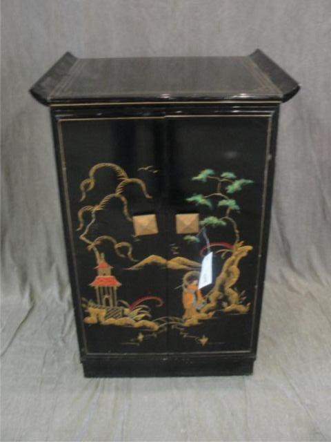 Appraisal: JAMES MONT Black Lacquer Chinoiserie Decorated Television Cabinet From a