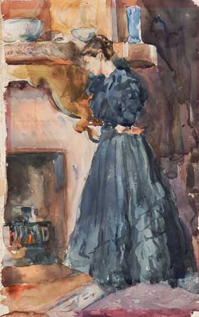 Appraisal: AMERICAN SCHOOL Woman Standing by a Fireplace Watercolor on cream