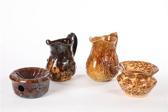 Appraisal: FOUR PIECES OF ROCKINGHAM Two pitchers one with hunter and