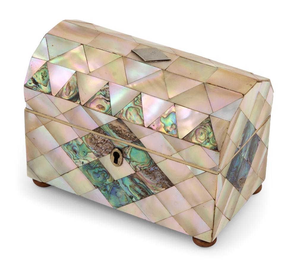 Appraisal: ENGLISH MOTHER-OF-PEARL DOME-TOP TEA CADDY th Century Compartmented interior Height