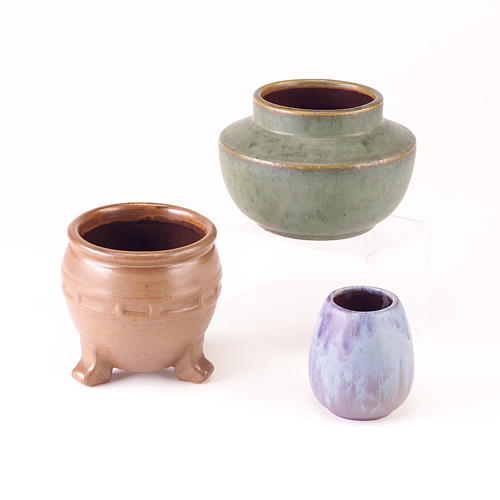 Appraisal: FULPER Three early vessels one three-footed Vasekraft in Cafe-au-Lait glaze