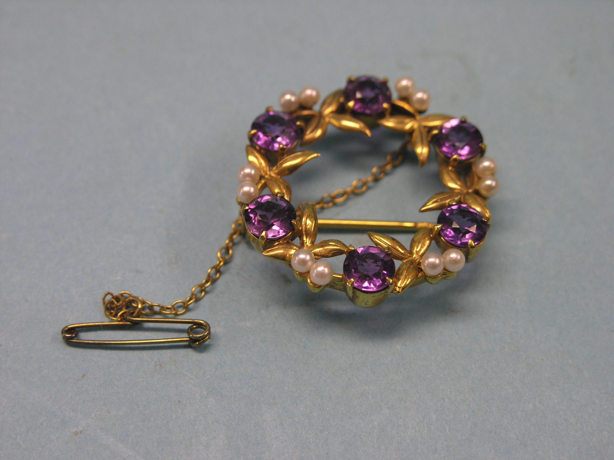 Appraisal: An amethyst and seed-pearl type brooch circular-shape with ct gold