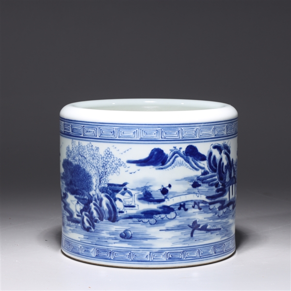 Appraisal: Chinese blue and white porcelain brush pot with river landscape