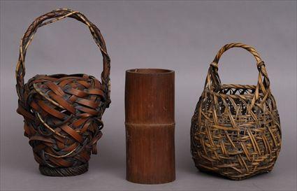 Appraisal: TWO JAPANESE SPLIT BAMBOO BASKETSEach ovoid woven body with handle