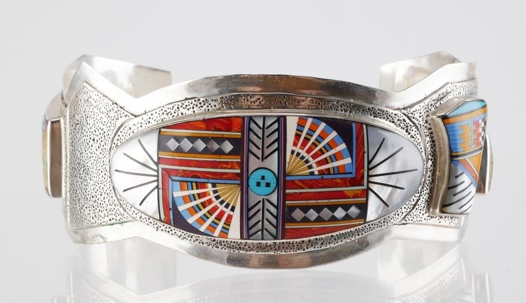 Appraisal: Sterling silver cuff bracelet featuring Native American style design in