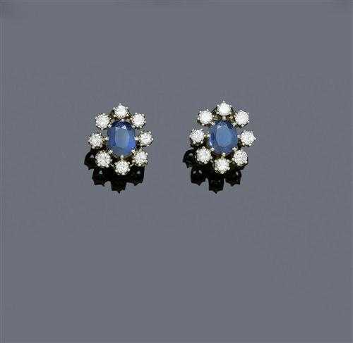 Appraisal: SAPPHIRE AND BRILLIANT-CUT DIAMOND CLIP EARRINGS ca White gold Classic-elegant