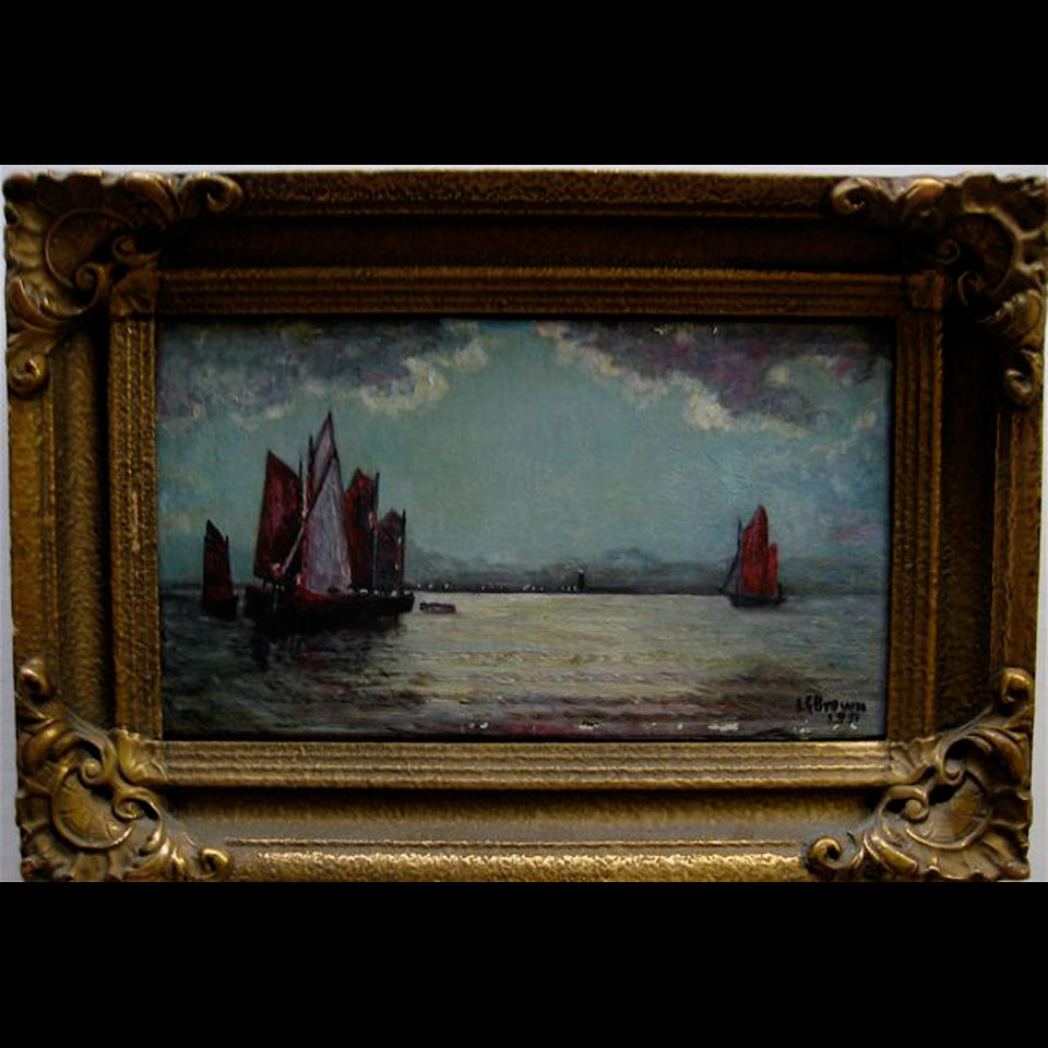 Appraisal: SAILING SHIPS AT DUSK L G BROWN OIL ON SLATE