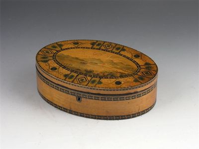 Appraisal: A late George III sycamore and penwork oval sewing box