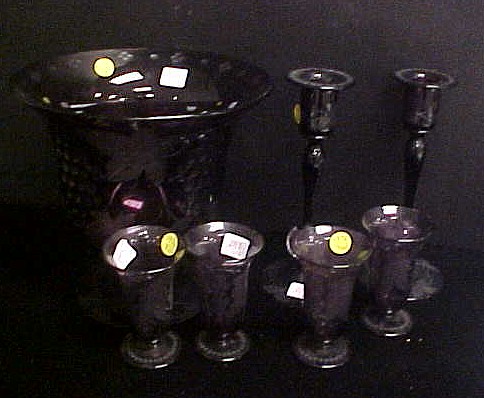 Appraisal: Black amethyst glass pedestal center bowl '' h and four