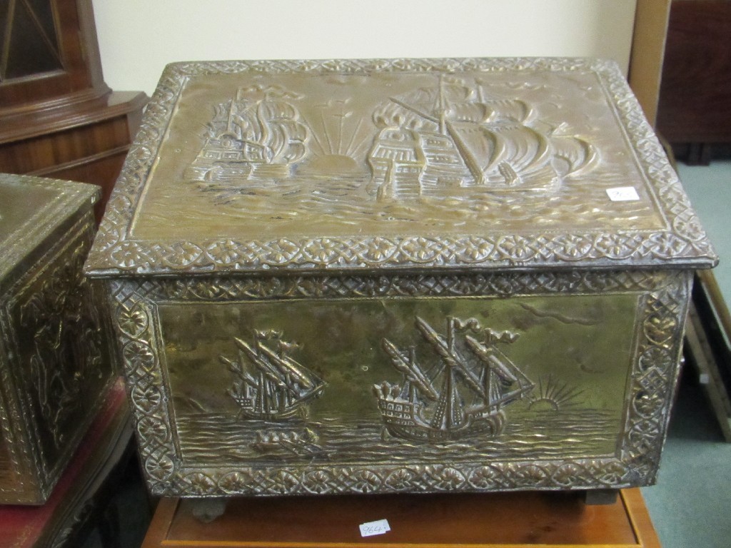 Appraisal: Two brass coal boxes slipper box and jardiniere