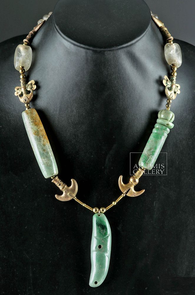 Appraisal: Olmec Jade Necklace w Tairona Gold Zoomorphs Pre-Columbian Colombia Tairona