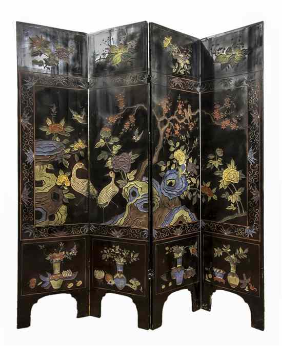 Appraisal: A Chinese Four Panel Coromandel Screen having polychrome decoration depicting