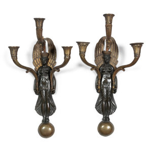 Appraisal: A Pair of Empire Style Brass Three-Light Figural Sconces Early