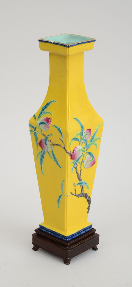 Appraisal: CHINESE YELLOW-GROUND PORCELAIN ANGULAR BALUSTER-FORM VASE With underglaze iron red