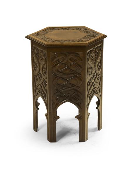 Appraisal: CELTIC REVIVAL CARVED OAK OCCASIONAL TABLE CIRCA the hexagonal hinged