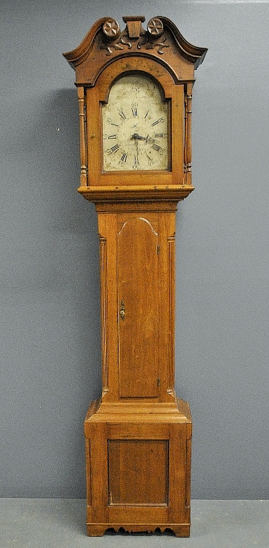 Appraisal: - Pennsylvania Chippendale walnut tall case clock with handpainted dial