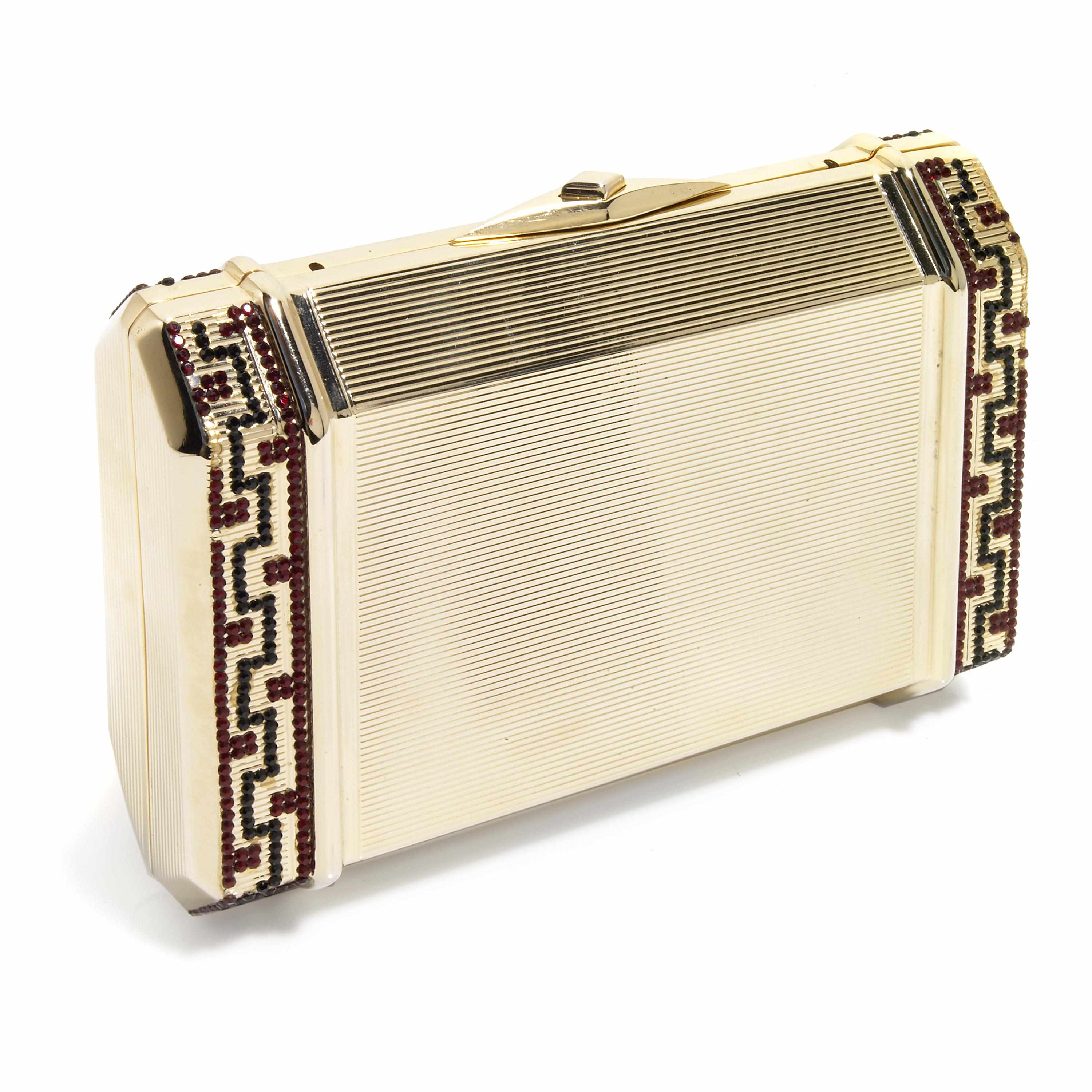 Appraisal: A gold colored rectangular purse with red and black crystals