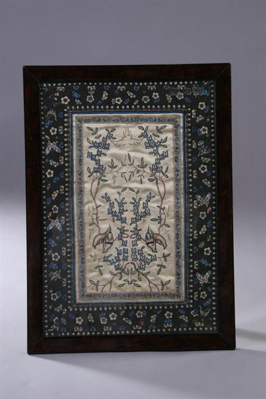 Appraisal: CHINESE EMBROIDERED BEIGE SILK PANEL th century Worked with peking