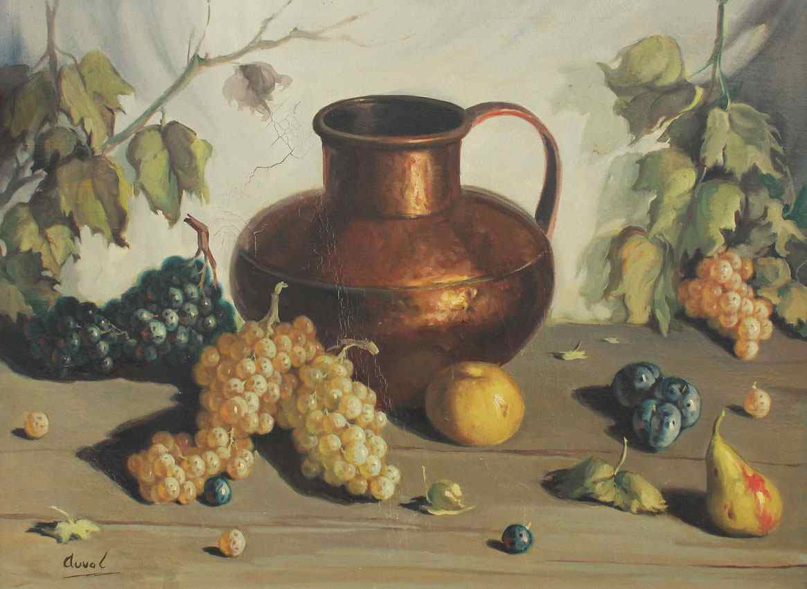 Appraisal: GOOD STILL LIFE OF GRAPES AND COPPER VESSEL PAINTING SIGNED