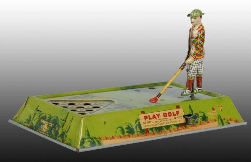 Appraisal: Strauss Tin Wind-Up Play Golf Toy with Box Description When