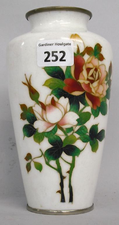 Appraisal: Japanese cloisonne baluster vase decorated with pink roses upon a