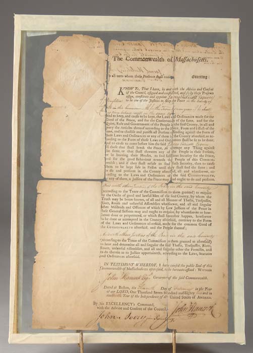 Appraisal: JOHN HANCOCK SIGNED DOCUMENT Document presently has been unfolded and