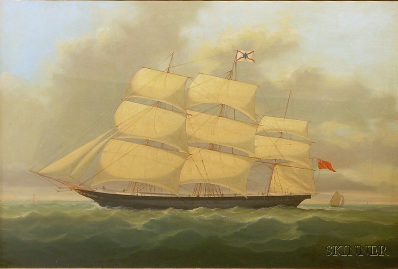 Appraisal: Framed Oil on Canvas of a Three-Masted Ship inscribed E