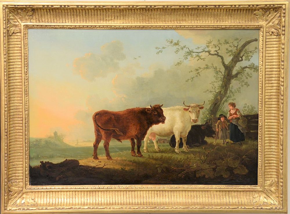 Appraisal: Oil on canvas Country Farm landscape with cow and bull