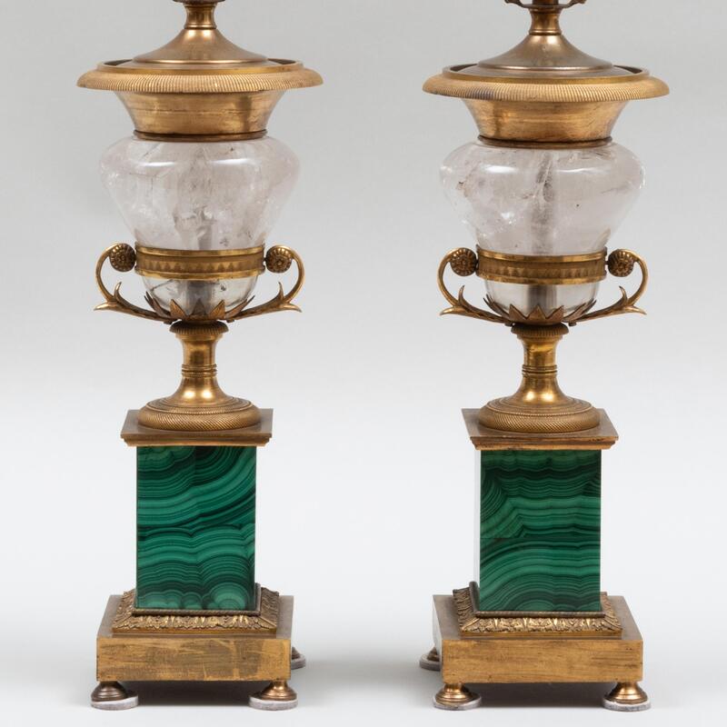 Appraisal: Pair of Continental Gilt-Metal Mounted Malachite and Rock Crystal Lamps