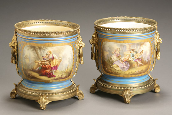 Appraisal: Pair of Ormolu Mounted S vres-Type Pictorial Jardini res Circa