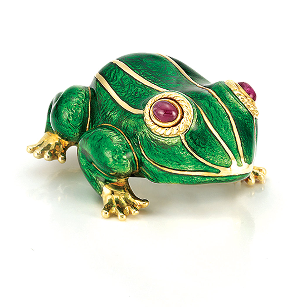 Appraisal: Gold Green Enamel and Ruby Frog Clip-Brooch David Webb kt