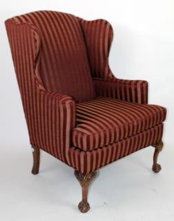 Appraisal: Knob Creek upholsterd wing back chair Knob Creek red stripe