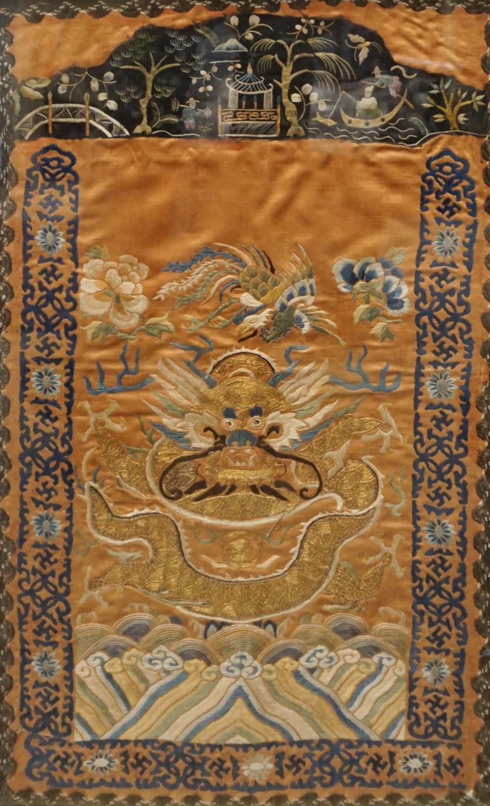 Appraisal: CHINESE EMBROIDERED SILK PANEL FRAME X IN X CM Chinese