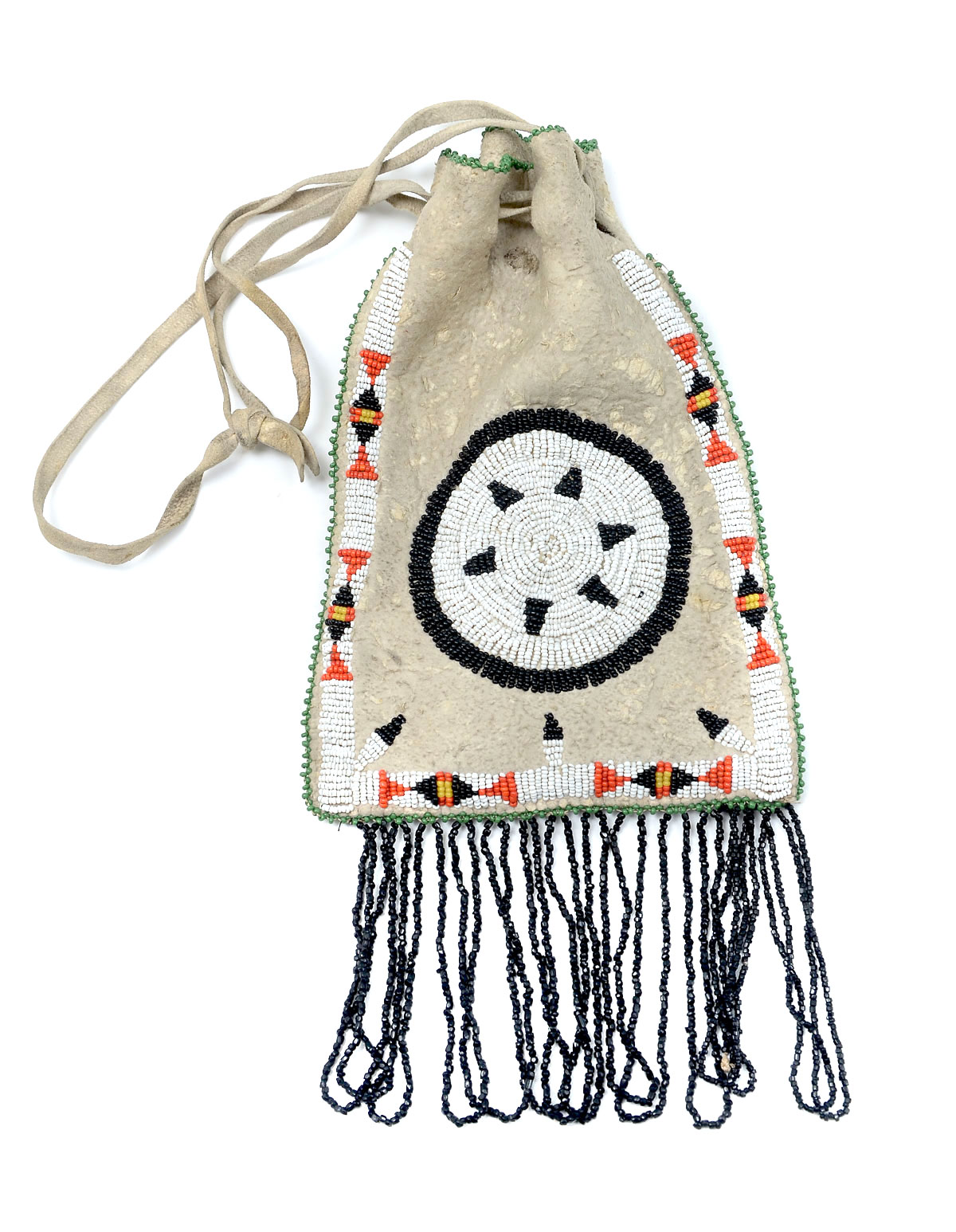 Appraisal: PLAINS INDIAN PULL STRING BEADED POUCH Deerskin pouch has beaded