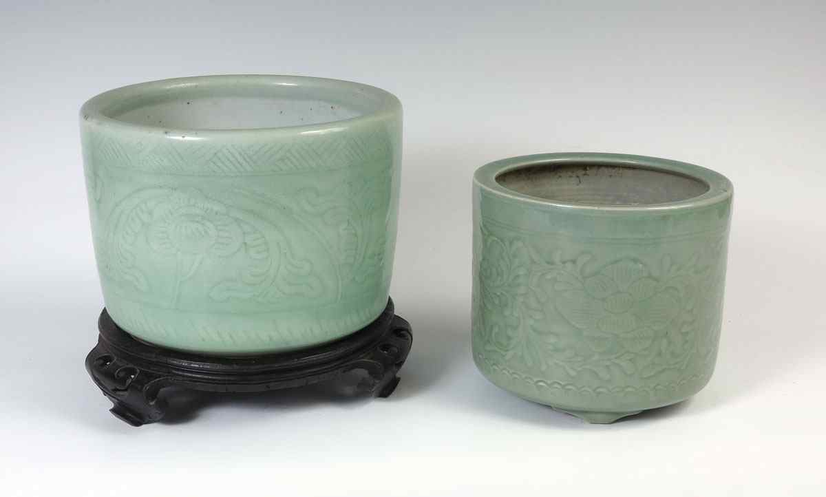 Appraisal: PIECE CHINESE CELADON CACHE POT Each with incised decoration Larger