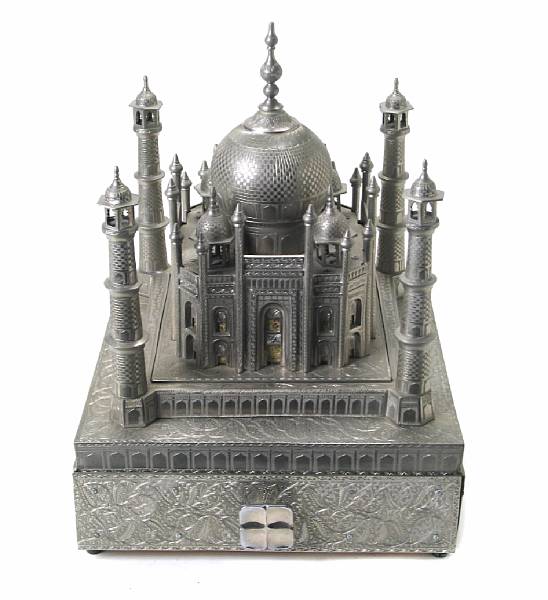 Appraisal: A pewter music box in the form of the Taj