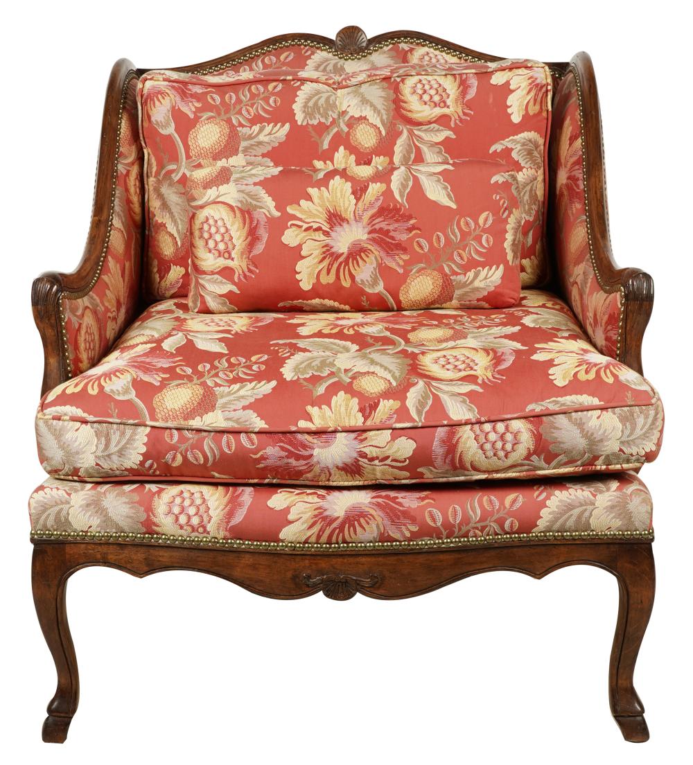 Appraisal: FRENCH PROVINCIAL-STYLE WALNUT BERGERE th century unsigned covered with red