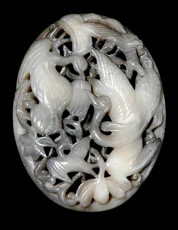 Appraisal: Gray Carved Hardstone Plaque of Birds Chinese ornate bird design