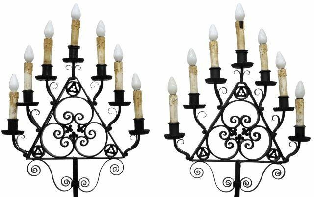 Appraisal: pair Large Gothic Revival wrought iron floor candelabra now electrified