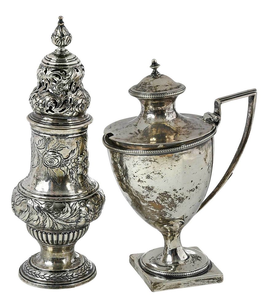 Appraisal: George III English Silver Caster and Mustard Pot urn form