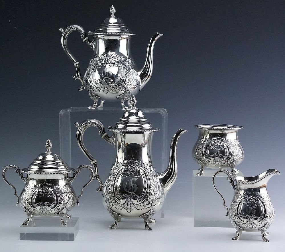 Appraisal: Durham Chased Sterling Silver Tea Coffee Set g Durham sterling