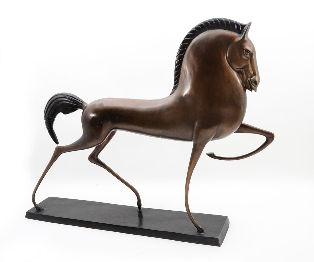 Appraisal: LARGE STYLIZED BRONZE STALLION SCULPTURE '' h '' in width