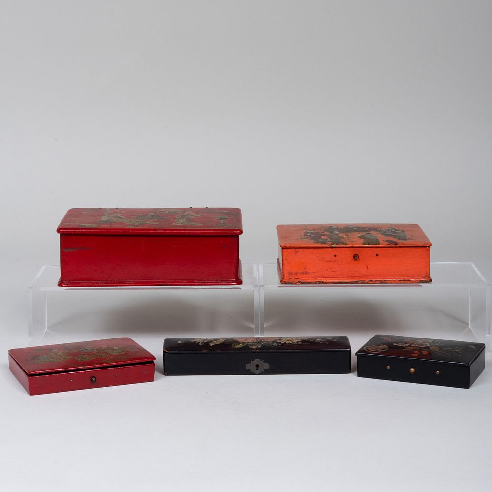 Appraisal: Group of English Black or Scarlet Japanned Boxes Comprising Three