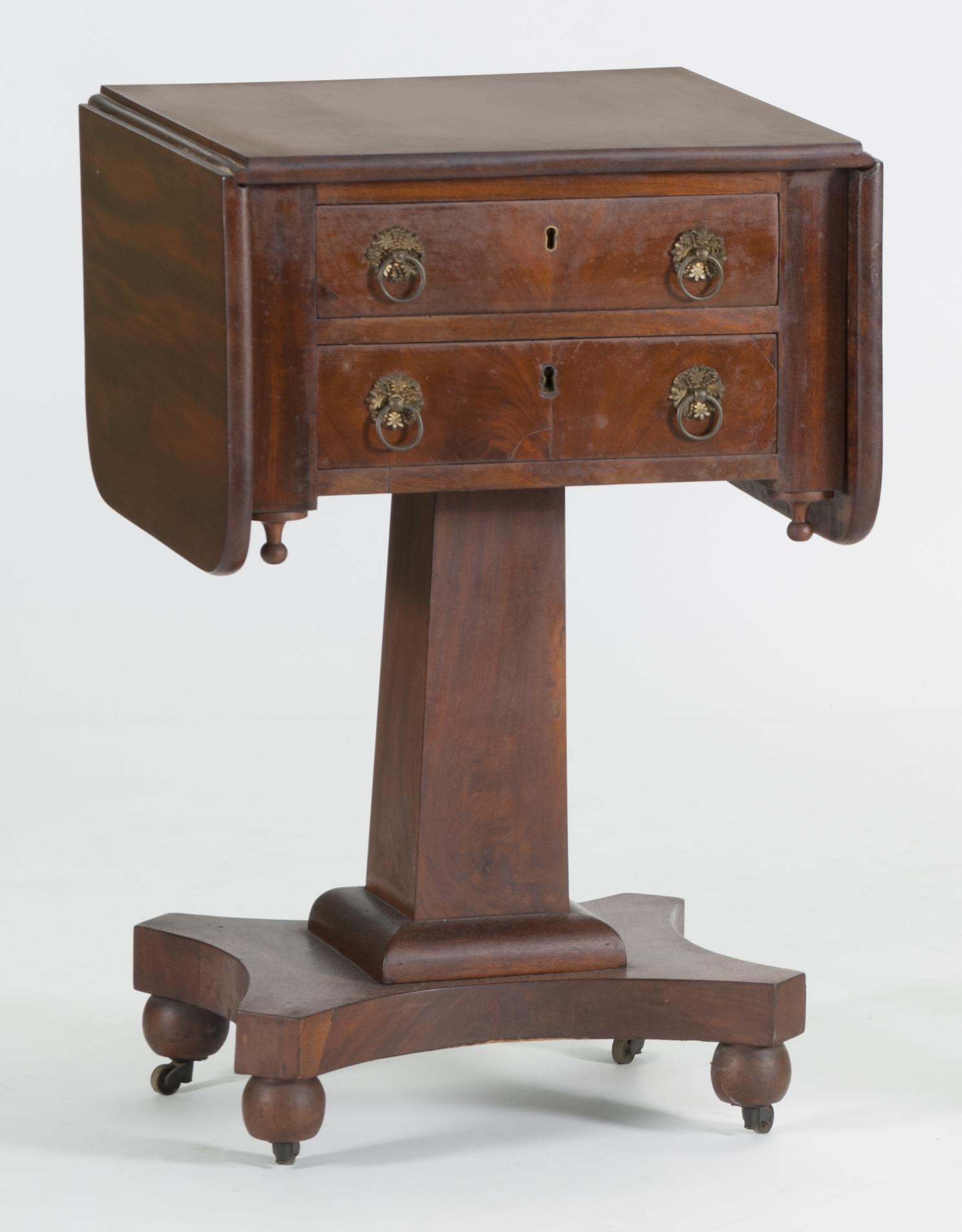 Appraisal: CIRCA AMERICAN EMPIRE TWO-DRAWER DROP-LEAF TABLE in mahogany Square pedestal