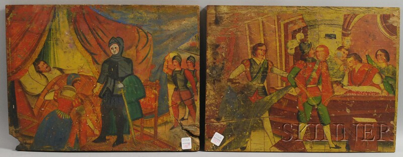 Appraisal: Two European th Century-style Polychrome Painted Scenic Wood Panels approx