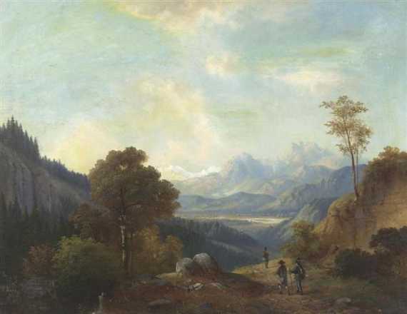 Appraisal: DOLL ANTON M nchen Gebirgslandschaft mit Wanderer l auf Leinwand