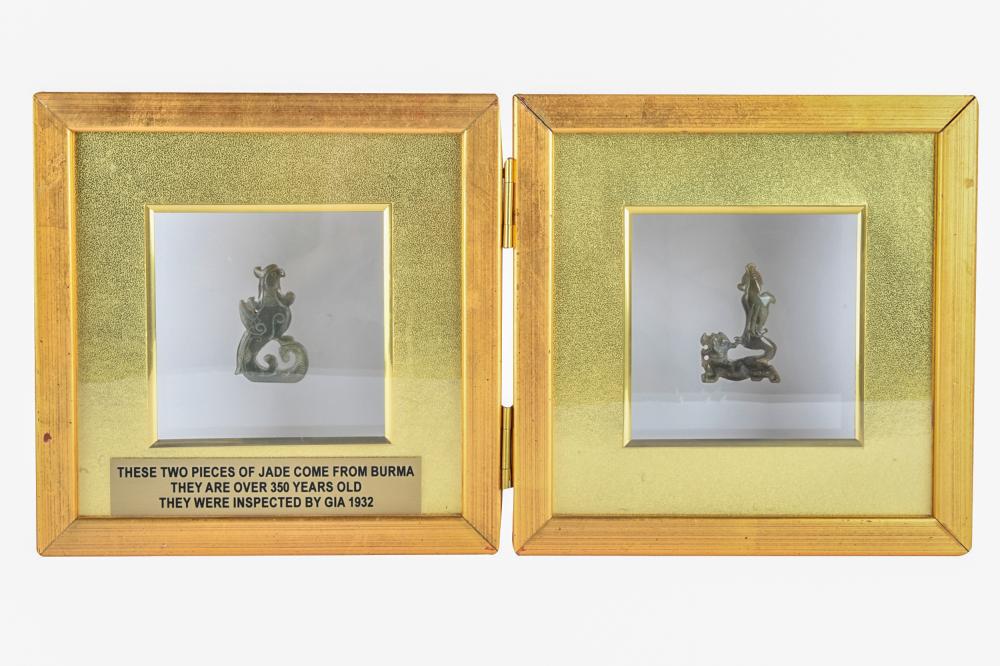 Appraisal: TWO CARVED JADE PIECESeach in hinged frame with accompanying plaque