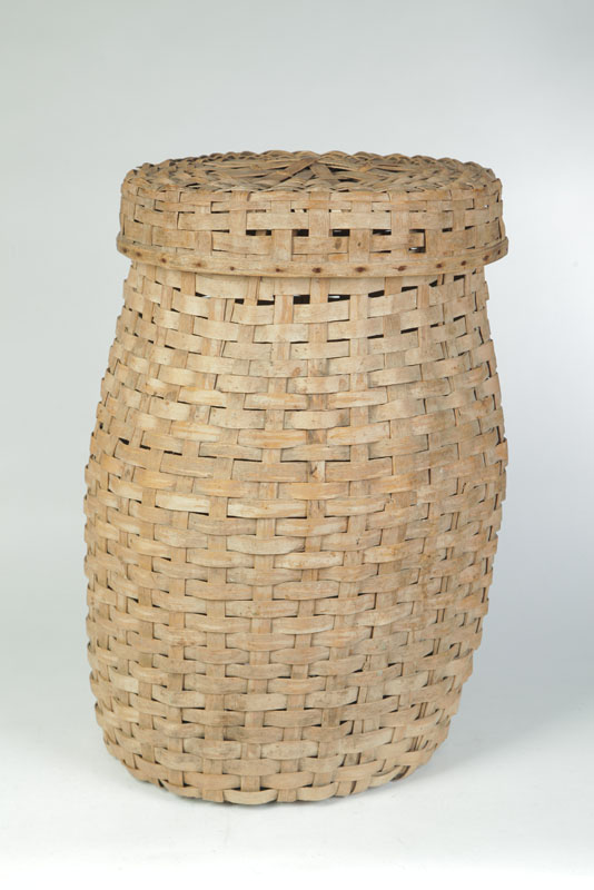 Appraisal: FEATHER BASKET American late th century woven splint Tall lidded