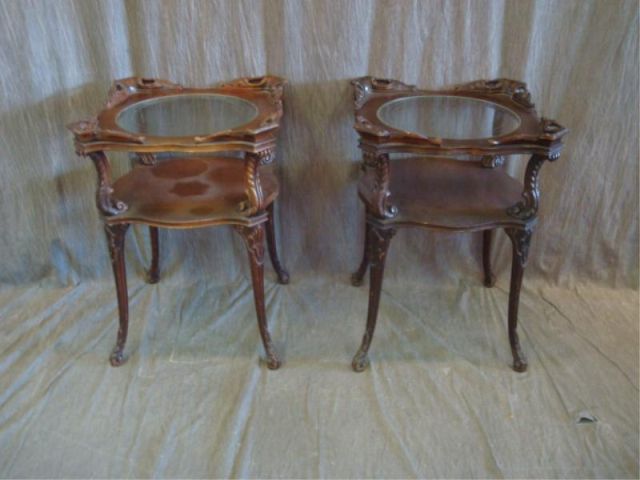 Appraisal: Pair of Mahogany End Tables Art Deco style with etched